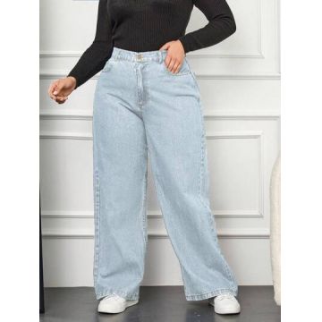 Blugi drepti, din denim, cu buzunare, albastru, dama, Shein