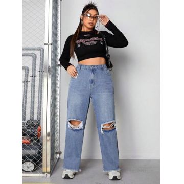 Blugi drepti, din denim, cu talie inalta, albastru, dama, Shein