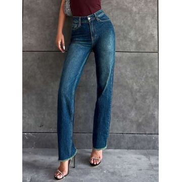 Blugi drepti din denim, cu talie inalta, albastru, dama, Shein