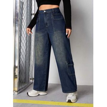Blugi drepti din denim, cu talie inalta, albastru, dama, Shein