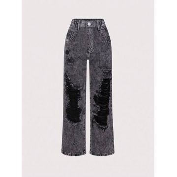 Blugi drepti, din denim, cu talie inalta, negru, fete, Shein