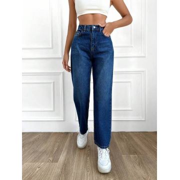 Blugi drepti, din denim, cu talie inalta si buzunare, Petite, albastru, dama, Shein