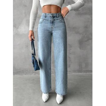 Blugi drepti, din denim, cu talie medie, albastru, dama, Shein