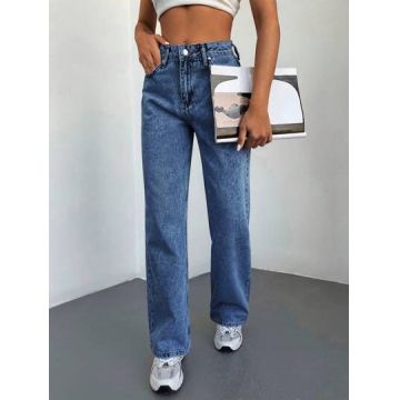 Blugi drepti, din denim, cu talie medie si buzunare, albastru, dama, Shein