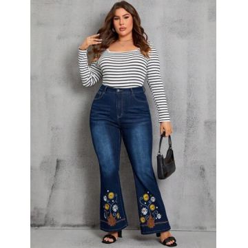 Blugi evazati cu detalii broderie, albastru, dama, Shein