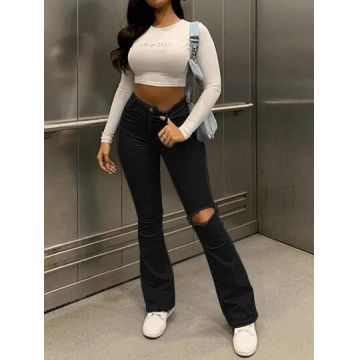 Blugi evazati, cu talie inalta, negru, dama, Shein