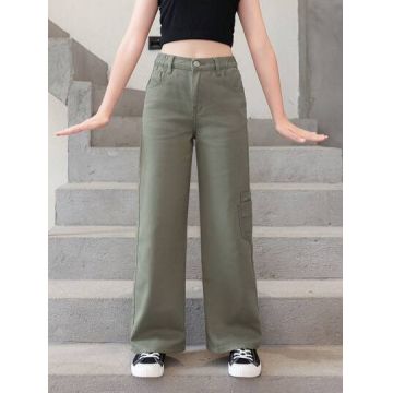 Blugi largi, cu buzunare, verde, fete, Shein