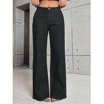 Blugi largi, din denim, cu talie medie si buzunare, negru, dama, Shein