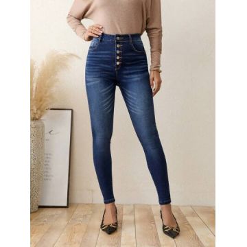 Blugi skinny, cu talie inalta si buzunare, albastru, dama, Shein