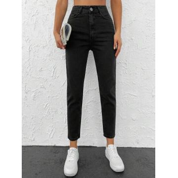 Blugi skinny, cu talie inalta si buzunare, negru, dama, Shein