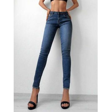 Blugi skinny, cu talie medie, albastru, dama, Shein