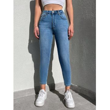 Blugi skinny, cu talie medie si buzunare, Petite, albastru, dama, Shein