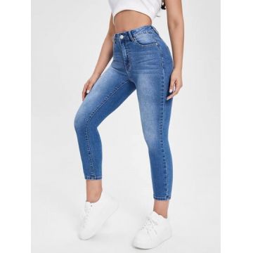 Blugi slim din denim, cu talie inalta, albastru, dama, Shein