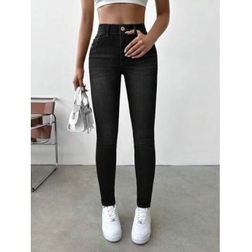 Blugi slim, din denim, cu talie inalta, negru, dama, Shein