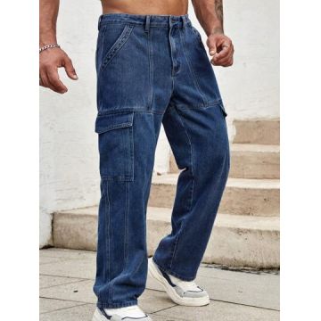 Blugi stil cargo, largi, albastru, barbati, Shein