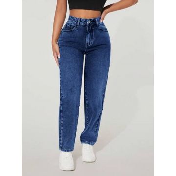 Blugi straight fit, cu talie inalta, albastru, dama, Shein