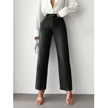 Blugi straight fit, din denim, cu talie inalta, negru, dama, Shein