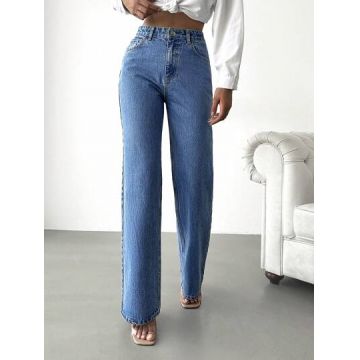 Blugi straight fit, din denim, cu talie medie, albastru, dama, Shein
