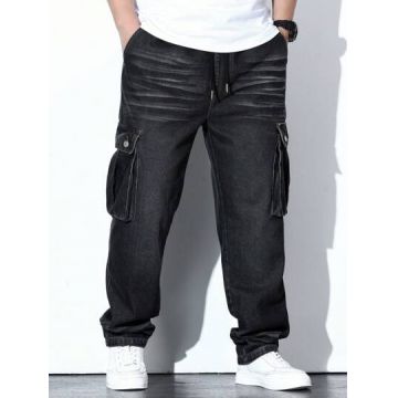 Blugi tip cargo, largi, cu buzunare, negru, dama, Shein