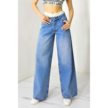 Blugi mom fit Qatar, cu banda elastica in talie si aspect prespalat, Albastru deschis