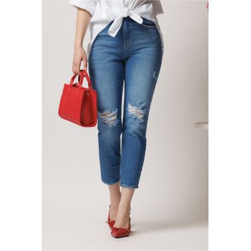 Blugi casual din denim albastri cu rupturi Blugi casual din denim albastri cu rupturi