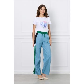 Pantaloni Cora albastrii cu verde si dungi albe