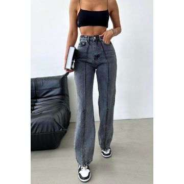 Blugi dama JORGE, croi wide leg si cusaturi in relief, Gri