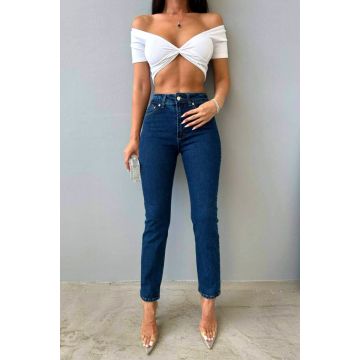 Blugi mom fit Acapulco, cu talie inalta si usor elastici, Albastru indigo