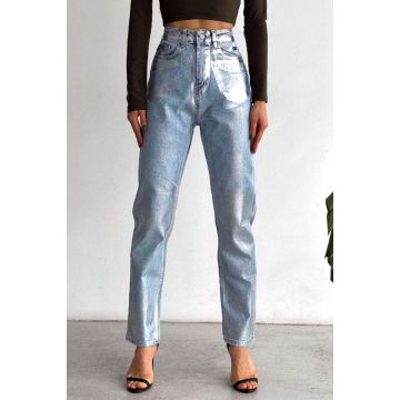 Blugi mom slimfit Scotty, cu glitter metalic argintiu si talie inalta, Albastru baby blue Blugi mom slimfit Scotty, cu glitter metalic argintiu si talie inalta, Albastru baby blue