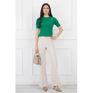 Pantaloni DY Fashion bej evazati cu accesoriu in talie