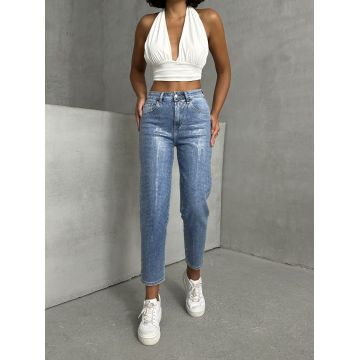 Blugi mom fit cu aspect lucios