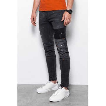 Blugi skinny cu imprimeu cu pete decorative si rupturi - Negru stins