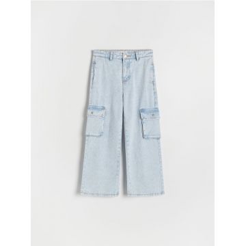 Reserved - Blugi wide leg cu buzunare cargo - albastru