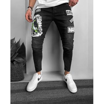 Blugi barbati conici negri cu stikere 1288  G2-5
