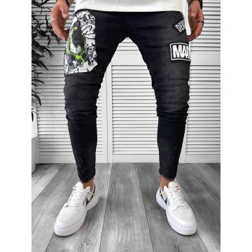 Blugi barbati conici negri cu stikere 1288  G2-5