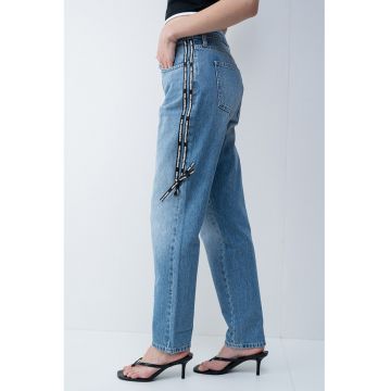 Blugi mom fit cu benzi logo laterale