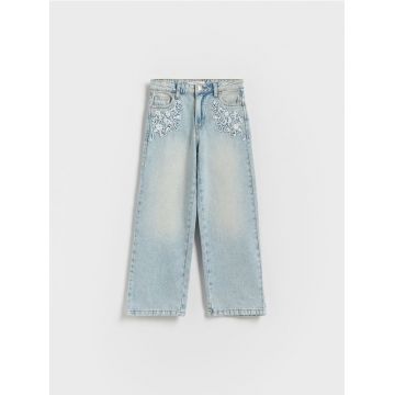 Reserved - Blugi straight, cu broderie - albastru