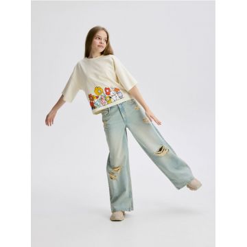 Reserved - Blugi super wide leg cu aspect deteriorat - albastru