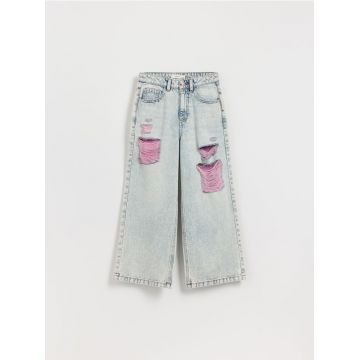 Reserved - Blugi wide leg cu efect deteriorat - albastru