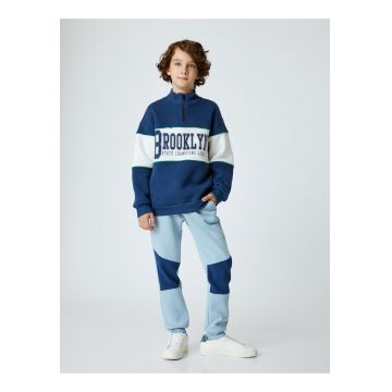 Pantaloni de trening cu model colorblock si snururi de ajustare