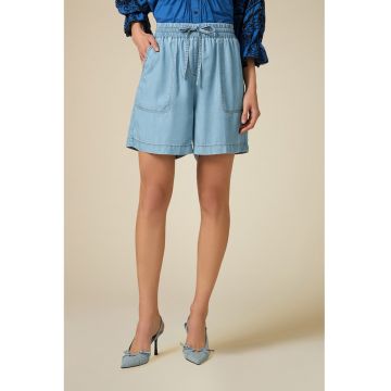Pantaloni scurti din chambray cu snururi si croiala ampla