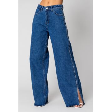 Blugi largi cu strasuri din denim Blue 16342