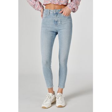 Blugi crop cu talie inalta si aspect decolorat
