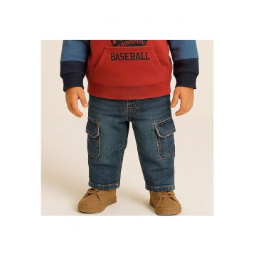 Blugi cargo cu talie elastica si buzunare in parti  - Athletic Team - Albastru Denim - pentru baietei