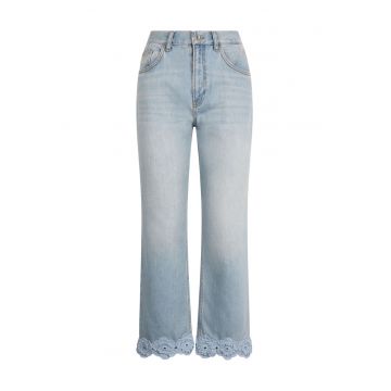 Blugi crop drepti cu terminatii brodate