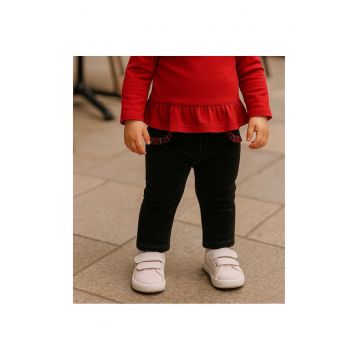 Pantaloni cu volan rosu la buzunare  - Stuart - Negru - pentru fetite