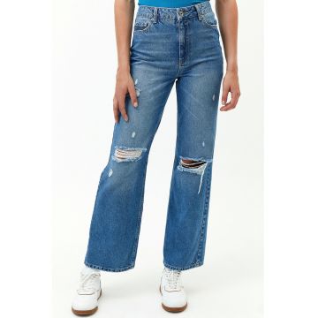Blugi crop ampli cu talie medie