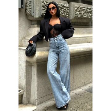 Blugi evazati Veyra, croi wide leg cu cristale, Albastru deschis