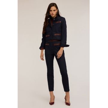 Blugi slim fit crop cu garnituri din piele sintetica