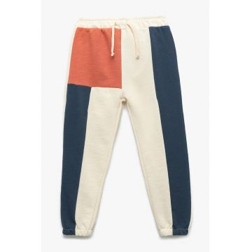 Pantaloni de trening cu model colorblock si snur de ajustare in talie